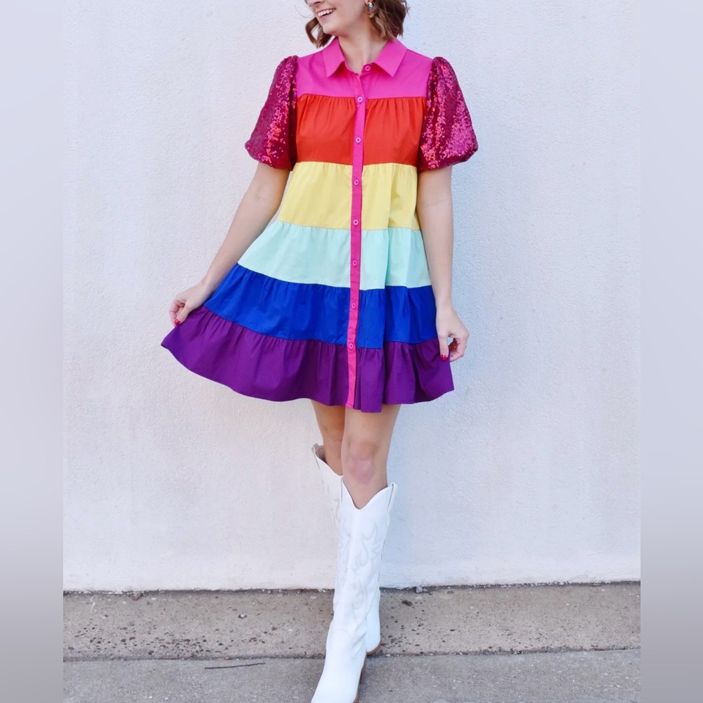 Blue B Rainbow Tiered Mini Dress S Pink Sequin Puff Sleeve NWT Party Western